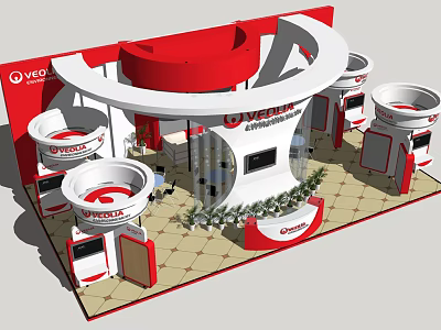 Veyron Exhibition Booth Design With Red White Circular Structure And Display Counters 3d model