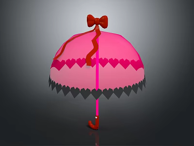 Pink Umbrella with Red Bow Top Heart Patterns and Black Heart Edge Decorations 3d model