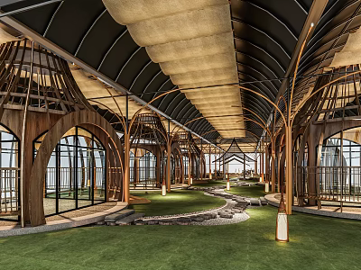 Elegant Restaurant Interior With Wooden Arched Windows Green Lawn And Unique Roof Design 3d model
