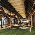 Elegant Restaurant Interior With Wooden Arched Windows Green Lawn And Unique Roof Design