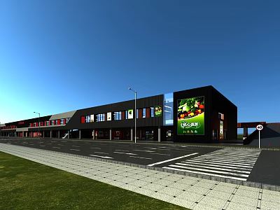 Modern Commercial Street Building With ECOCITY Sign And Vegetable Fruit Billboard 3d model