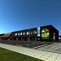 Modern Commercial Street Building With ECOCITY Sign And Vegetable Fruit Billboard