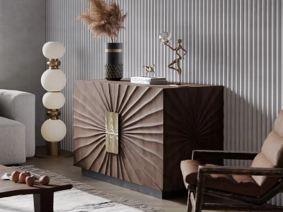 Elegant Modern Wooden Console Cabinet With Carved Pattern And Decorative Vase Sculpture 3d model