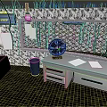 Black Sofa And White Table With Drawers In Room With Mesh Walls And Broken Windows