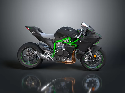 Kawasaki Black And Green Sports Motorcycle With Modern Sleek Body And Green Frame 3d model