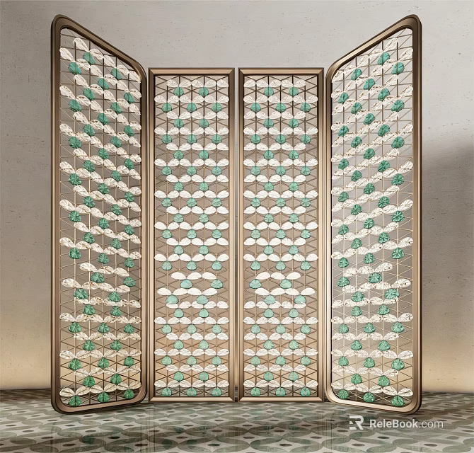 Modern Room Divider with Metal Frame Green and White Geometric Patterns and Multiple Panels 3d model 