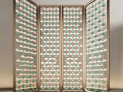 Modern Room Divider with Metal Frame Green and White Geometric Patterns and Multiple Panels 3d model