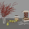 Elegant Decorative Ornament Set With Red Berry Branches Vase Lantern Books And Pears