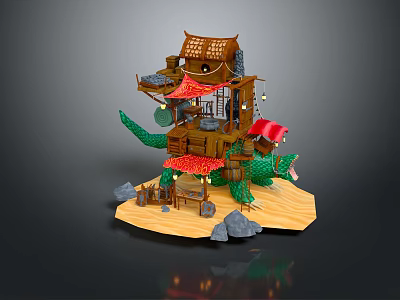 Cartoon Scene With Multi Level Wooden Building Red Roofs Green Vines Wooden Platform And Stones 3d model