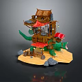 Cartoon Scene With Multi Level Wooden Building Red Roofs Green Vines Wooden Platform And Stones