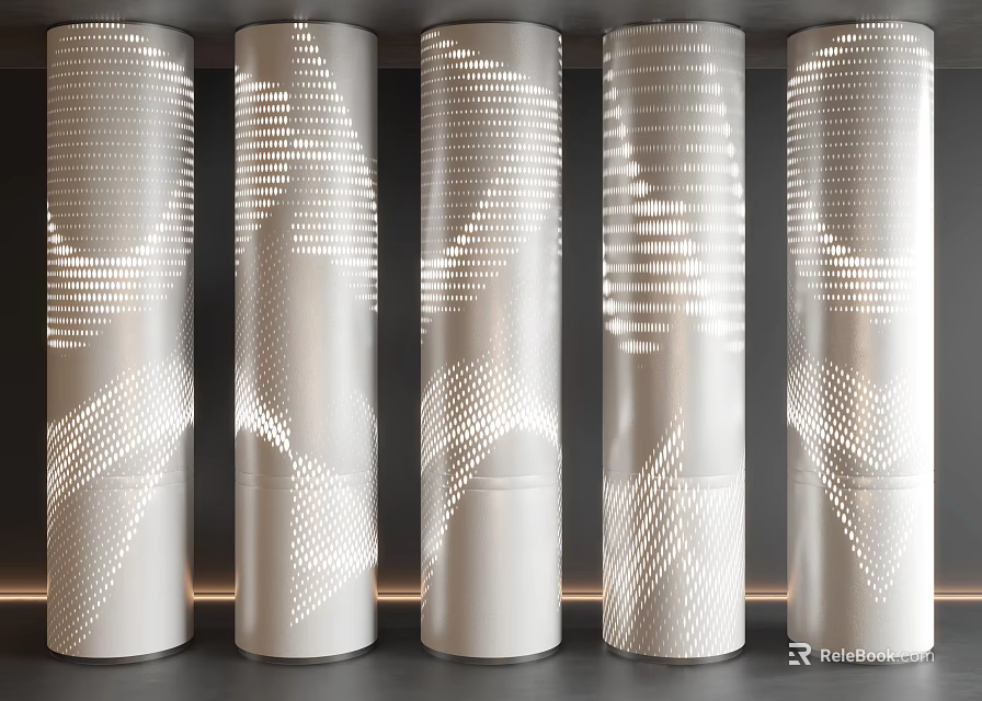 White Decorative Columns With Intricate Geometric Cutout Patterns And Soft Light Projection Effects 3d model 