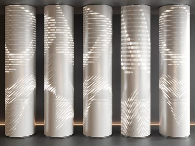 White Decorative Columns With Intricate Geometric Cutout Patterns And Soft Light Projection Effects 3d model