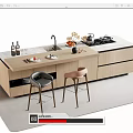 Modern Kitchen Bar Counter With Wooden Countertop Sink Stove Wine Bottles And Bar Stools