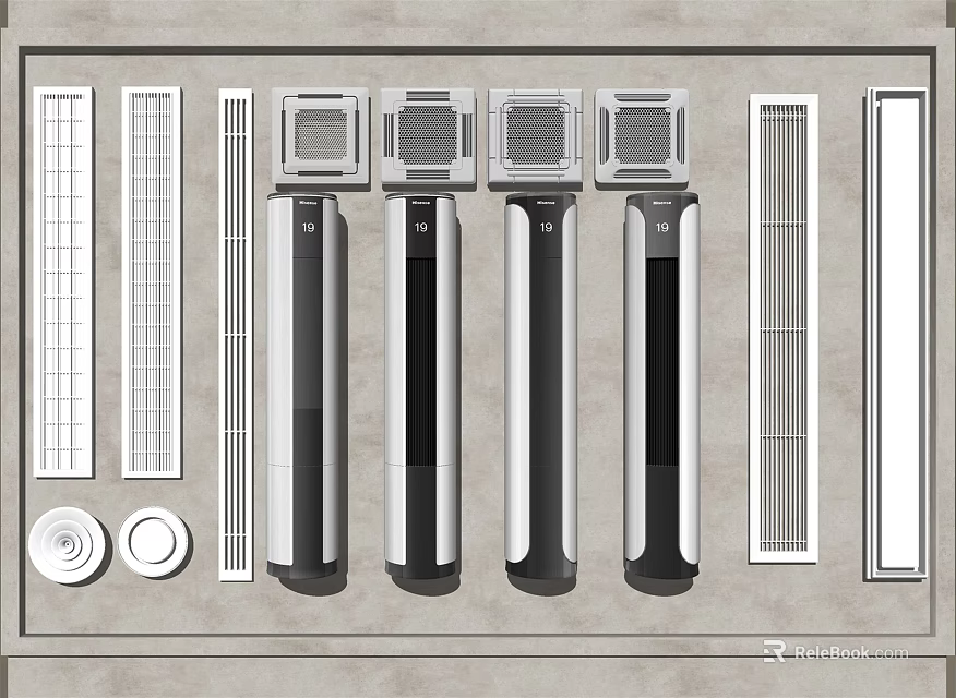 Different Types of Air Conditioner Fans With Grille Covers And Round Components 3d model 
