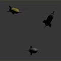 Three Different Colored Rocket Weapons with Yellow White Blue Bodies and Thrusters