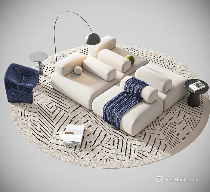 Modern White Sofa Combination with Blue Throw Blanket Accent Chair Geometric Rug and Floor Lamp 3d model 