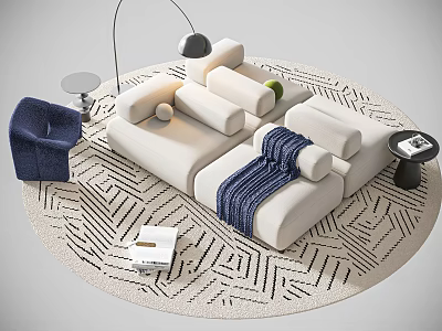 Modern White Sofa Combination with Blue Throw Blanket Accent Chair Geometric Rug and Floor Lamp 3d model