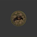 Game Character Standing In Mechanical Armor With Helmet Light Large Drill And Stone Slab Base