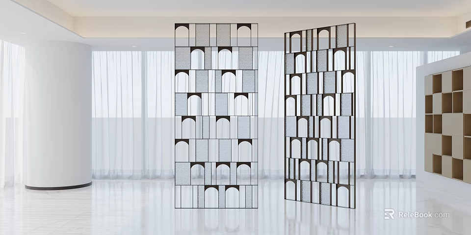 Modern Room Divider With Arched Cutouts And Geometric Patterns In Bright Interior 3d model