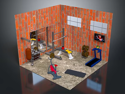 Gym Interior With Red Brick Walls Windows Barbell Dumbbells Treadmill And Yoga Mat 3d model