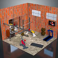 Gym Interior With Red Brick Walls Windows Barbell Dumbbells Treadmill And Yoga Mat