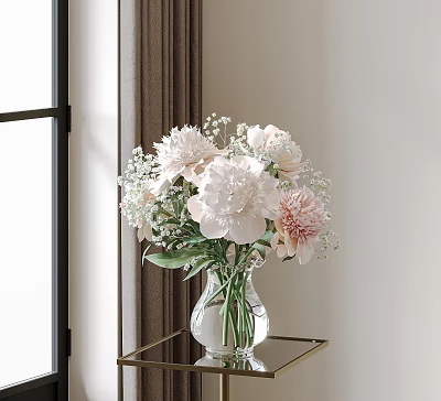 Pink Peonies and White Baby's Breath Arrangement in Transparent Glass Vase on Gold Metal Shelf 3d model