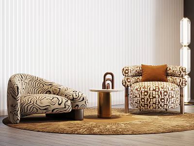 Patterned Accent Chairs With Round Rug Gold Side Table And Floor Lamp In Modern Room 3d model