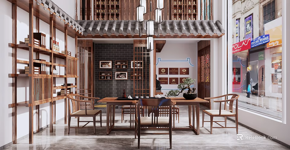 Traditional Chinese Tea House Featuring Wooden Structure Tiled Roof And Chinese Style Furniture 3d model 