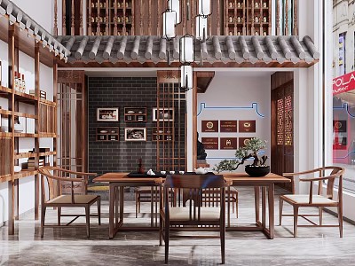 Traditional Chinese Tea House Featuring Wooden Structure Tiled Roof And Chinese Style Furniture 3d model
