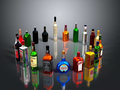 Various Colored Alcohol Bottles Collection Featuring Different Types And Designs 3d model