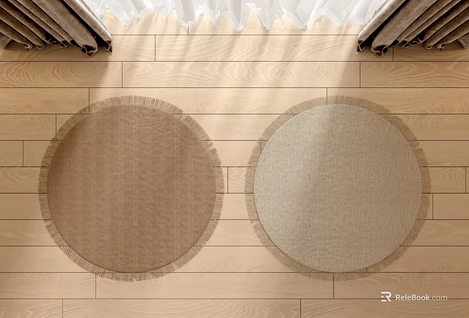 Two Woven Round Rugs With Fringed Edges On Light Wooden Floor 3d model 