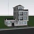 Three Story Detached Villa With Blue Sky Green Lawn Trees Blue Car And Person