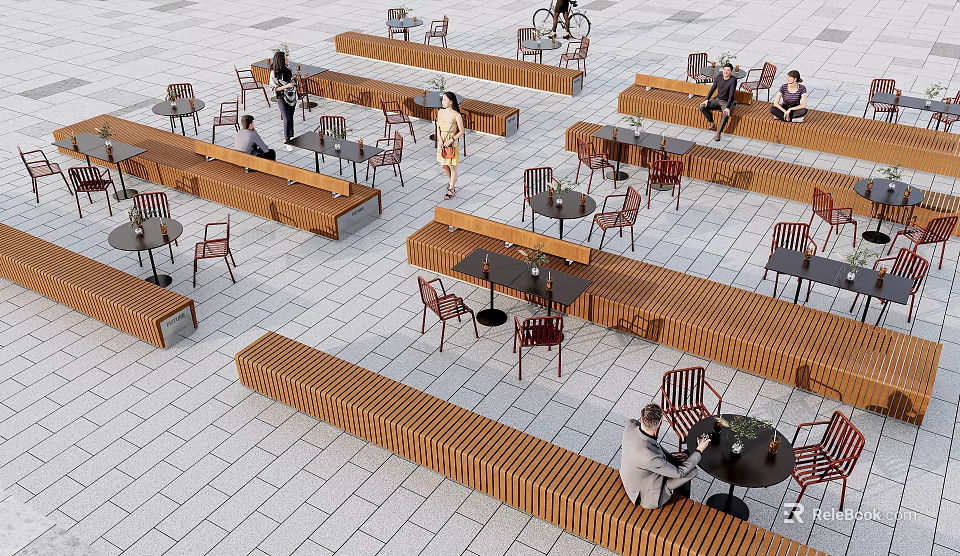 Outdoor Landscape Seats Featuring Wooden Long Benches Tables And Chairs In Public Space 3d model 