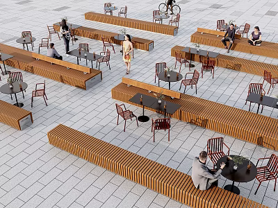 Outdoor Landscape Seats Featuring Wooden Long Benches Tables And Chairs In Public Space 3d model