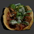 Delicious Crispy Taco with Grilled Meat Fresh Cilantro Lettuce Sour Cream and Salsa