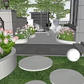 Beautiful Courtyard Garden With Colorful Flowers Round Stone Path Lush Greenery And Outdoor Seating
