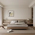 Modern Bedroom Interior Design With Wooden Bed Wall Art Window Blinds And Area Rug