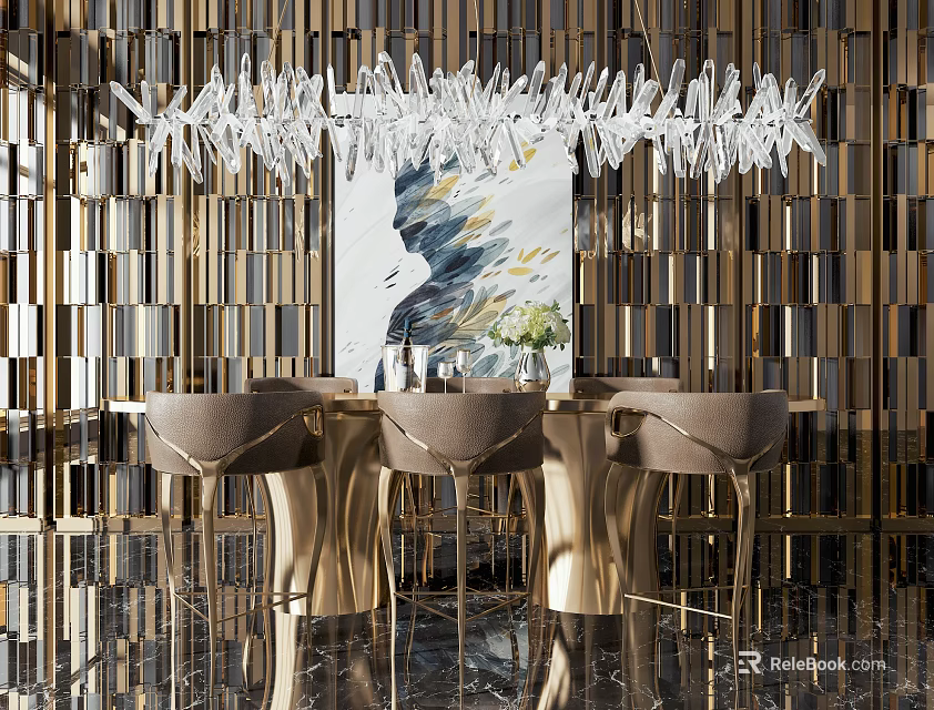 Modern Dining Table Set With Beige Chairs Golden Legs Crystal Chandelier Against Golden Paneled Wall 3d model 