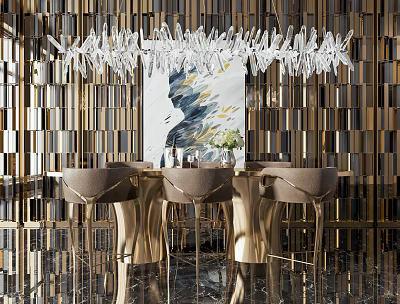 Modern Dining Table Set With Beige Chairs Golden Legs Crystal Chandelier Against Golden Paneled Wall 3d model