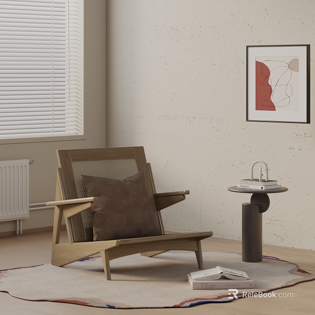 Wooden Leisure Chair With Rattan Back And Brown Cushion In Living Room 3d model 