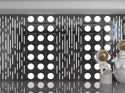 Modern Decorative Black Background Wall With Circular Cutouts And Vertical Stripes 3d model