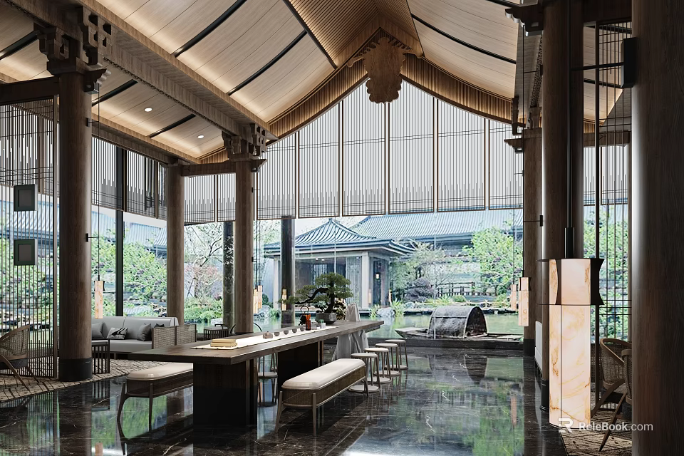 Traditional Chinese Leisure Area Interior With Wooden Beams Bamboo Blinds And Garden View 3d model 