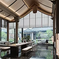 Traditional Chinese Leisure Area Interior With Wooden Beams Bamboo Blinds And Garden View