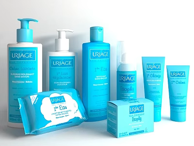 URIAGE Skincare Products Collection With Blue Packaging And Cleansing Milk Moisturizing Cream Wipes 3d model
