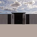 Modern Luxury Main Gate Design With Dark Wood Panels Vertical Slats White Wall Grass Lawn