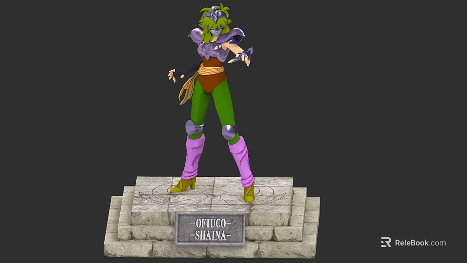 Game And Movie Character Orphee Shaka With Green Hair Purple Armor Green Pants Purple Boots 3d model 