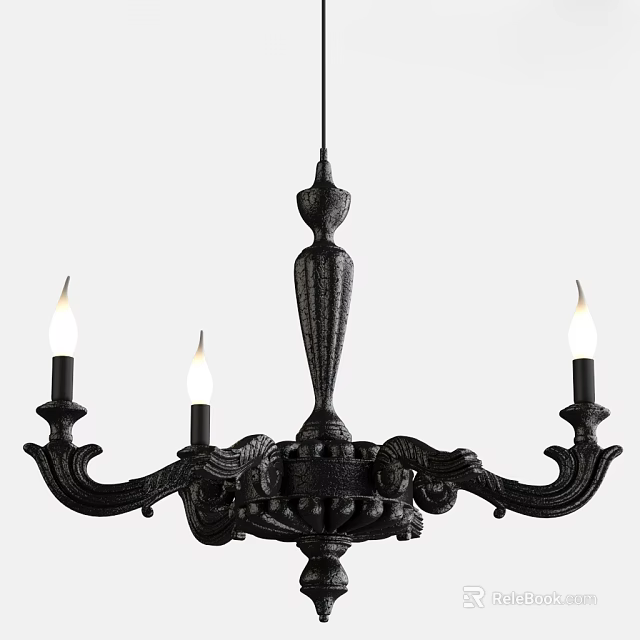 Black Classical Chandelier With Candle Holders Flame Like Lights And Ornate Carved Details 3d model 