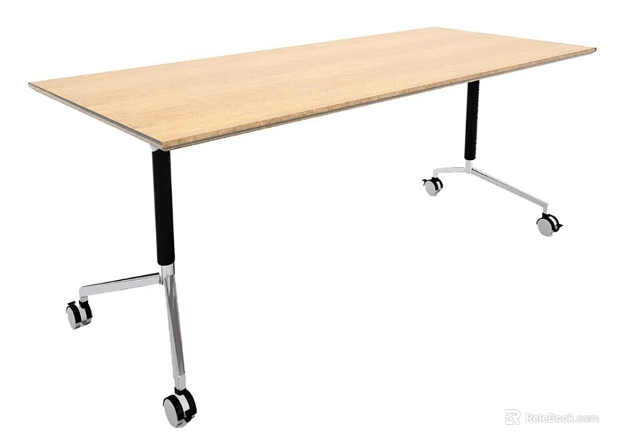 Sturdy Practical Functional Table with Light Wooden Top and Wheeled Metal Legs 3d model 