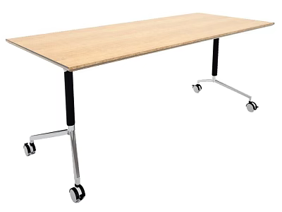 Sturdy Practical Functional Table with Light Wooden Top and Wheeled Metal Legs 3d model