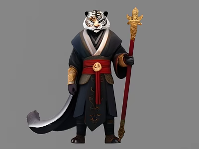 Tiger Head Character in Traditional Black Robe with Gold Accents Holding Ornate Staff 3d model